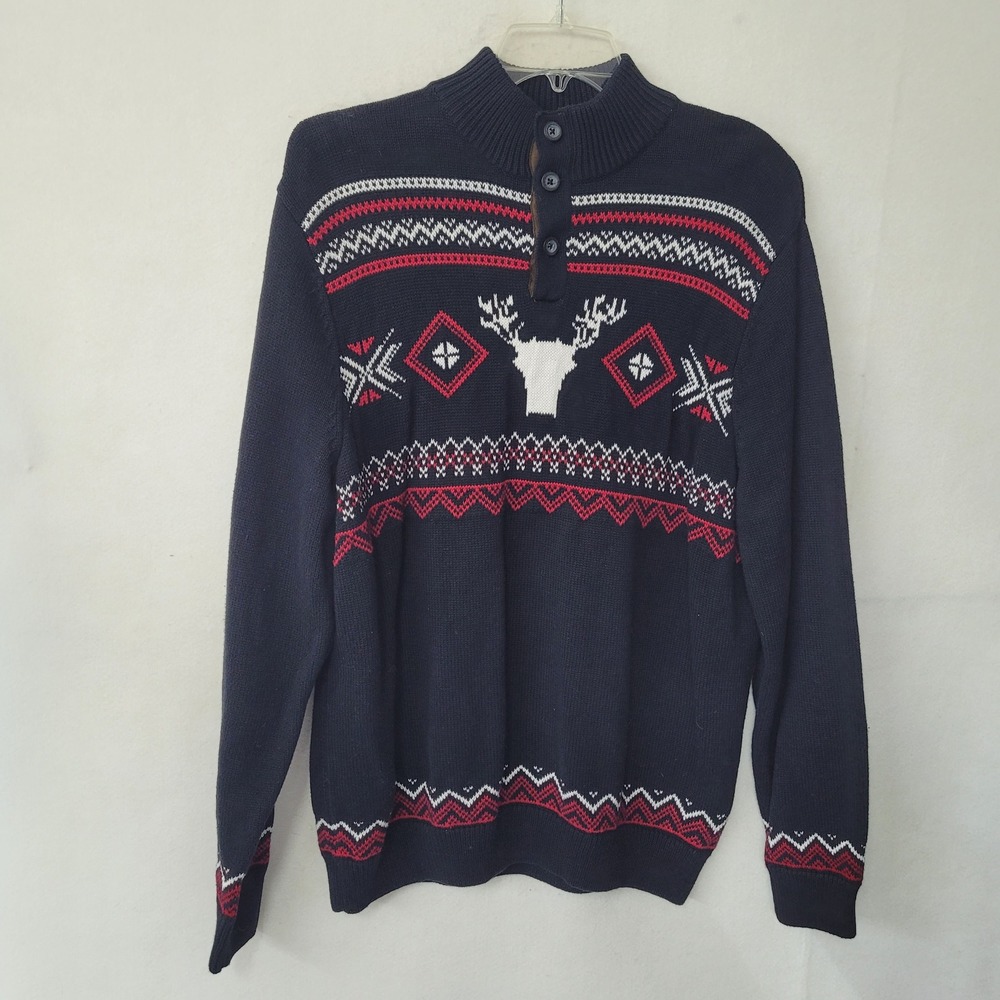 Chaps Sweater Winter Reindeer Nordic‎ Knit Elbow Patch Black Fair Isle Mens XL